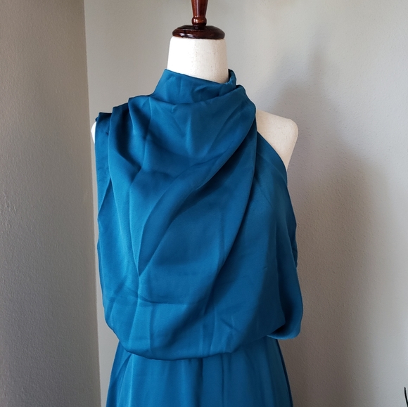 Draped Satin Asymmetric High Neck Sleeveless Midi Dress - Picture 5 of 12